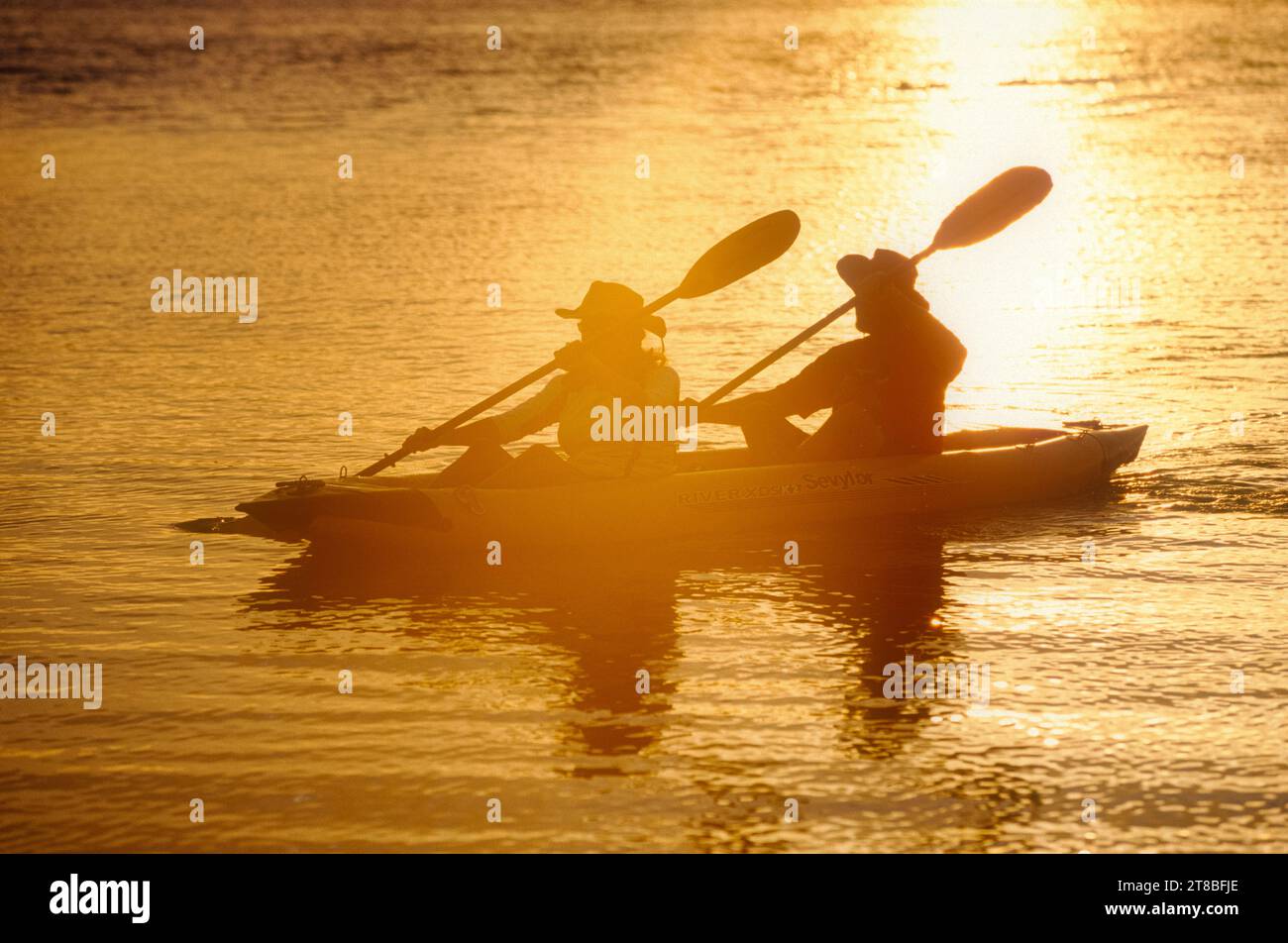 Kayaking Lake Mohave at sunset, Colorado River, Arizona Stock Photo