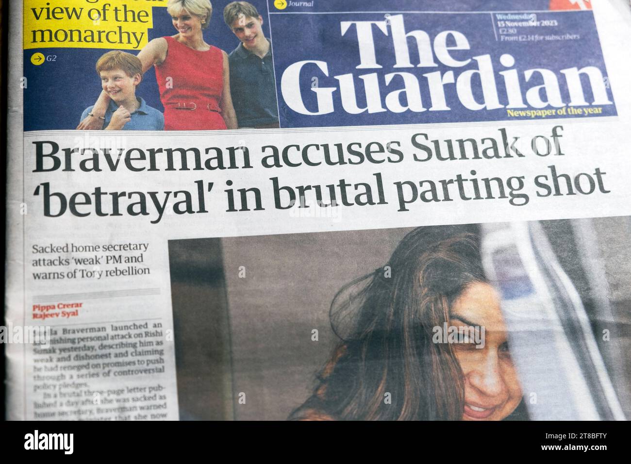 Suella 'Braverman accuses Sunak of 'betrayal' in brutal parting shot' Guardian newspaper headline Tory cabinet reshuffle article 15 November  2023 UK Stock Photo