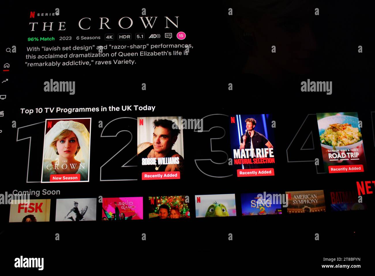 Netflix application on tv screen highlighting the Netflix television series 'The Crown' as the Number 1 TV program in the UK today Stock Photo