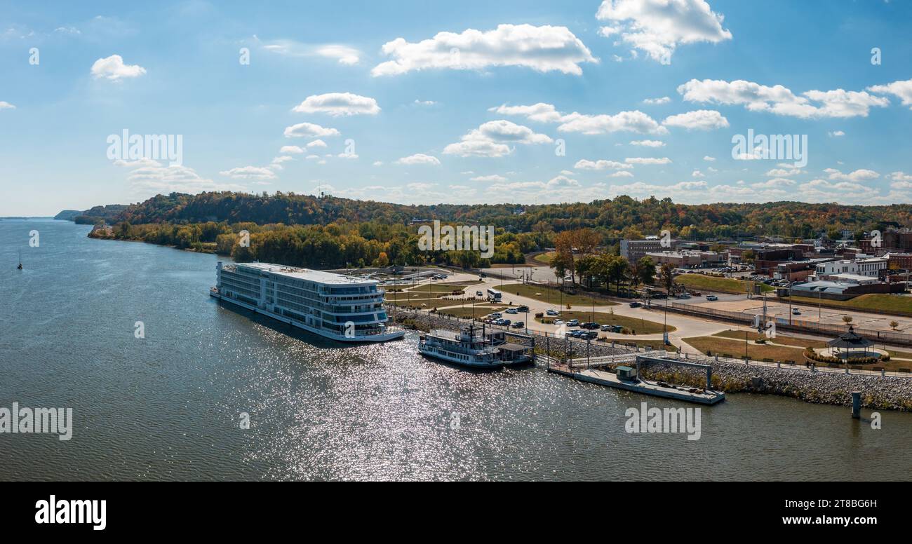 Hannibal, MO 20 October 2023 Aerial view of the city of Hannibal in Missouri with the Viking