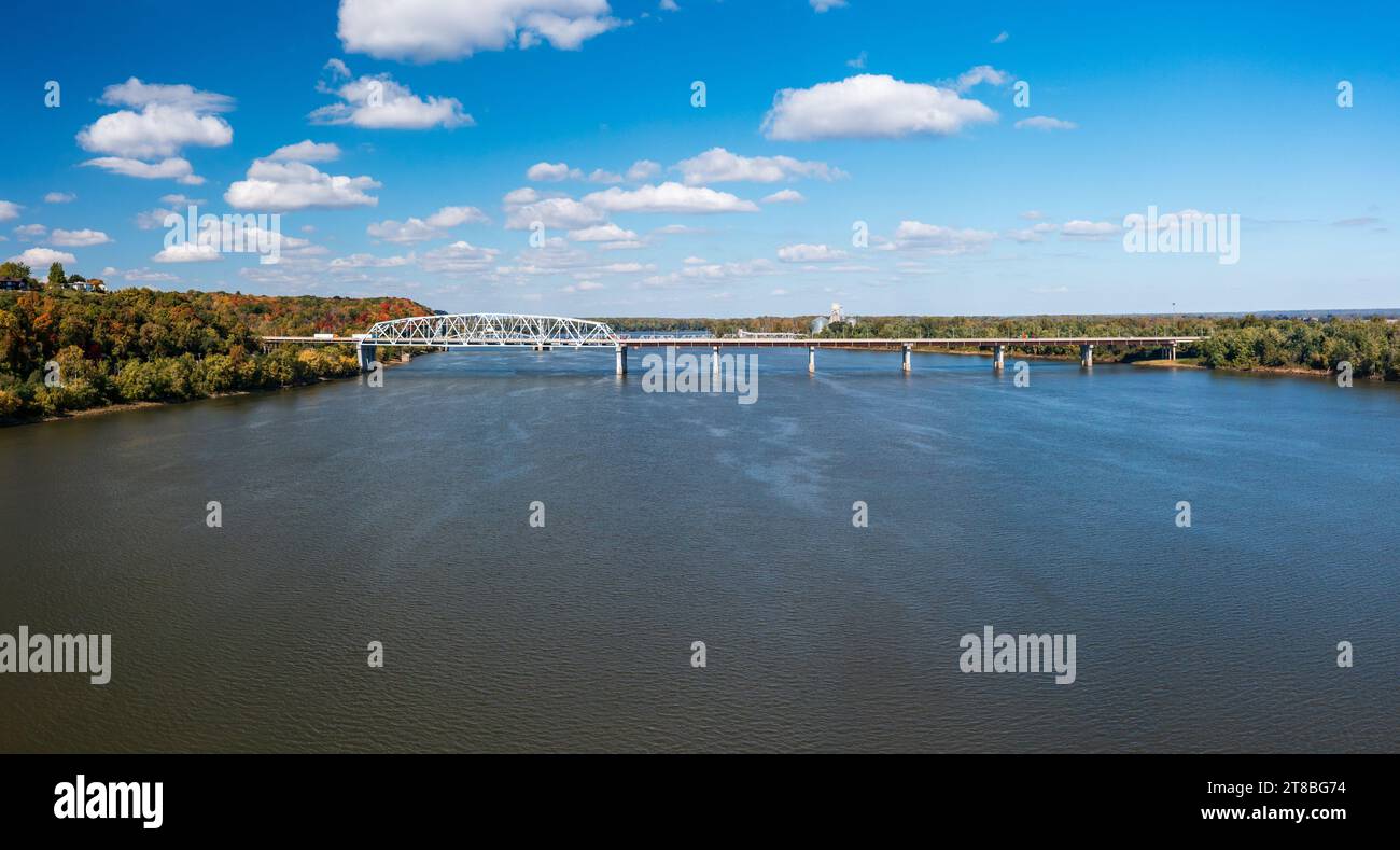 Aerial view of the Mark Twain Memorial highway river bridge between Hannibal Missouri and Illinois Stock Photo
