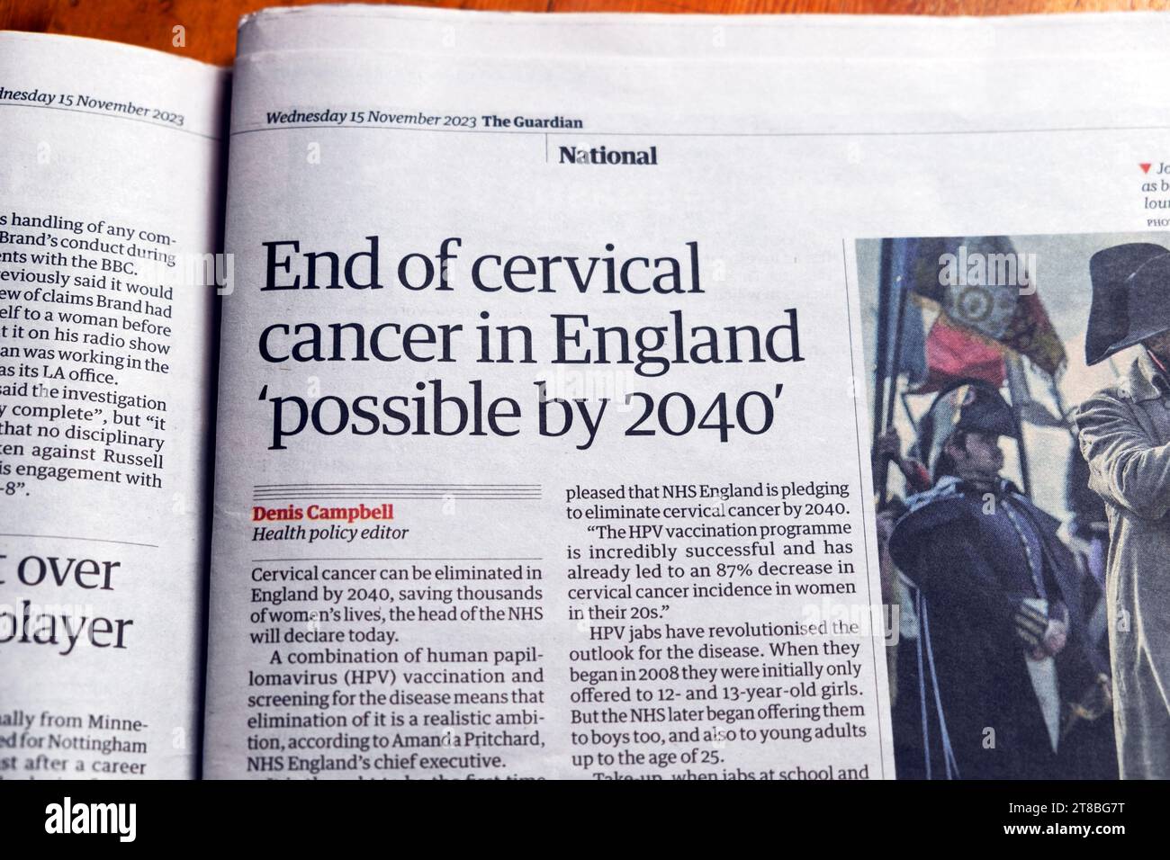 'End of cervical cancer in England 'possible by 2040' Guardian newspaper headline medical women's health article 15 November 2023 London England UK Stock Photo