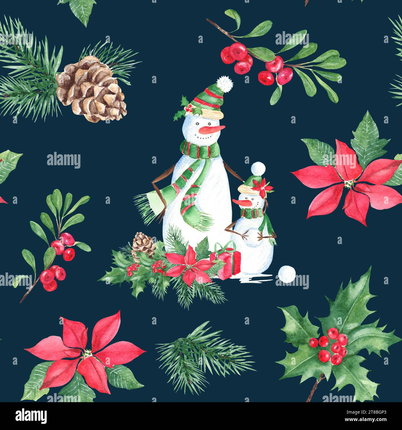 Christmas hand drawn seamless pattern with cute snowman family and ...