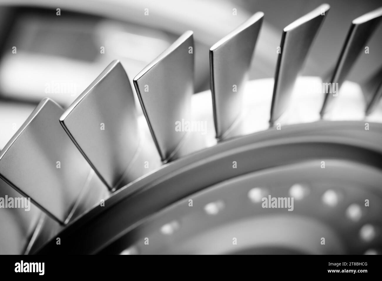 Steel blades of turbine propeller. Close-up view. Selected focus on foreground, industrial additive machinery technologies concept Stock Photo