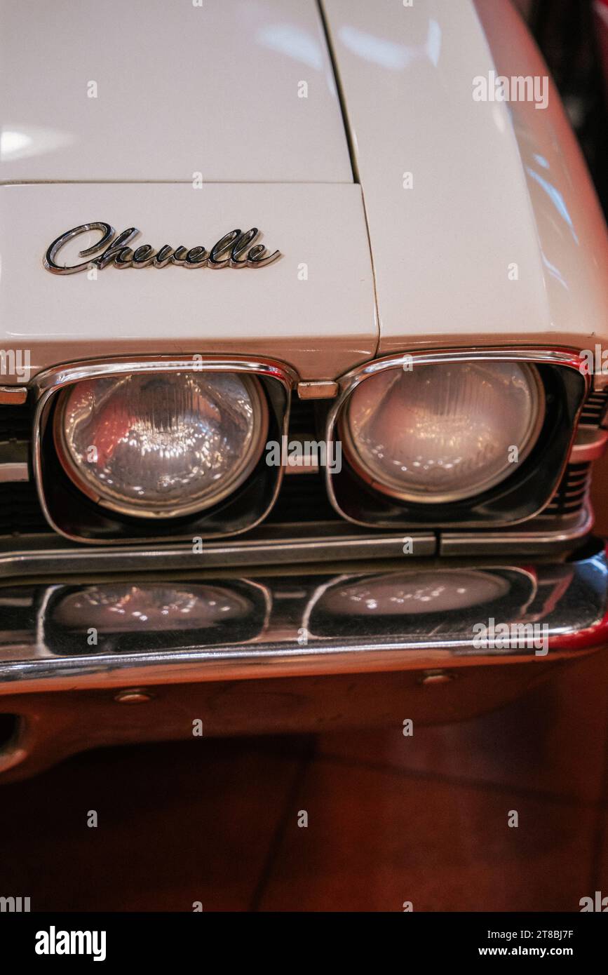 Istanbul , Turkey - November 23 2022 1969 Model White Chevrolet Chevelle headlights and front grill close up. High quality photo Stock Photo