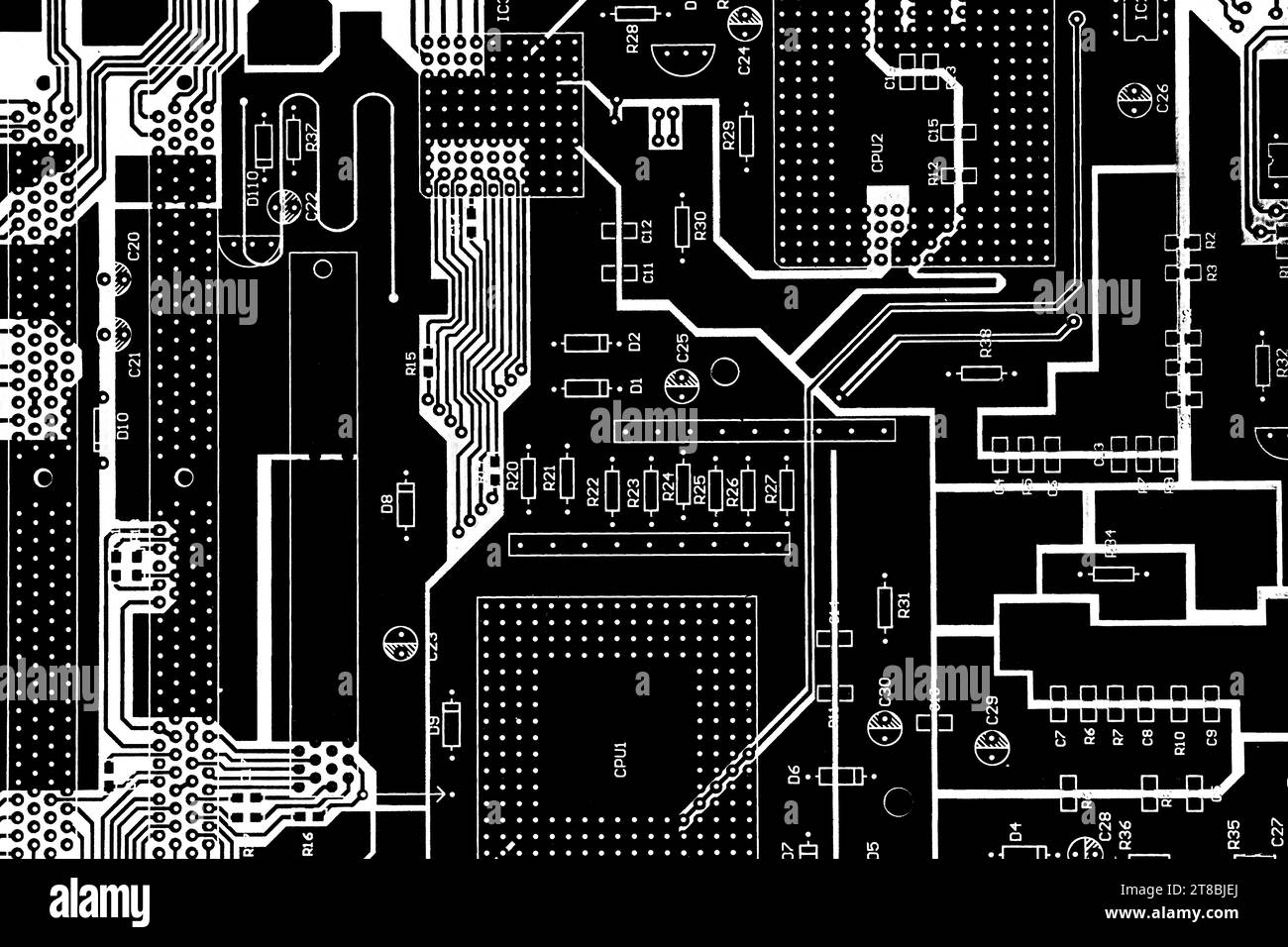 Overlay of printed circuit board with black background Stock
