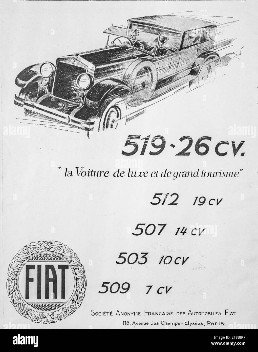 Monochrome 1920s advertisement  of a classic Fiat car showcasing different models with horsepower details. Stock Photo