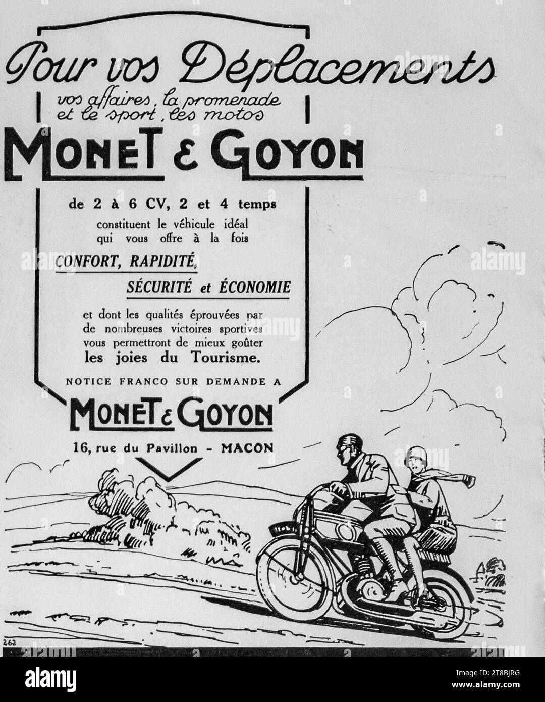 A vintage 1926 French language advertisement for Monet-Goyon motorcycles and portrays a couple riding a Monet-Goyon motorcycle and emphasising its comfort and reliability. Stock Photo