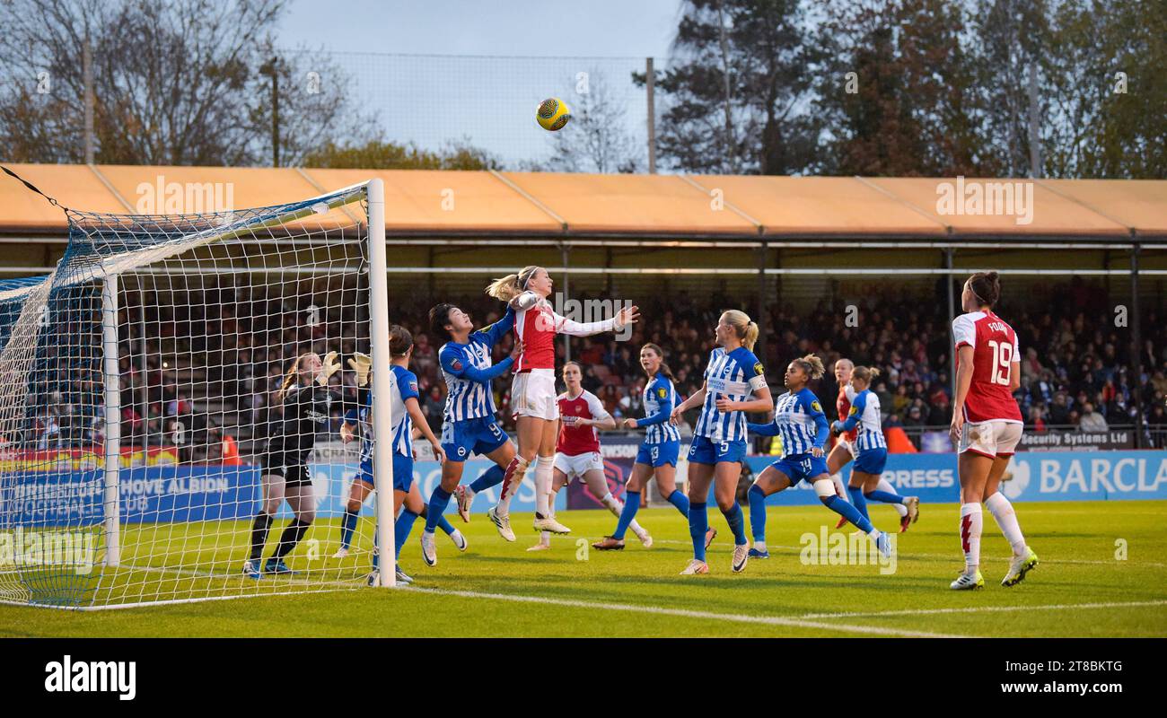 Crawley UK 19th November 2023 - Goalmouth action  during  the Barclays  Women's Super League football match between Brighton & Hove Albion and Arsenal at The Broadfield Stadium in Crawley  : Credit Simon Dack /TPI/ Alamy Live News Stock Photo