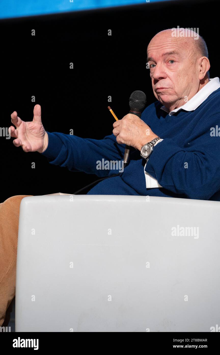 Cuneo, Italy. November 19, 2023. Professor Gustavo Zagrebelsky, jurist and former president of the Italian Constitutional Court, while answering some questions about his latest book during the National Literary Festival Scrittorincittà of Cuneo. Credit: Luca Prestia / Alamy Live News Stock Photo