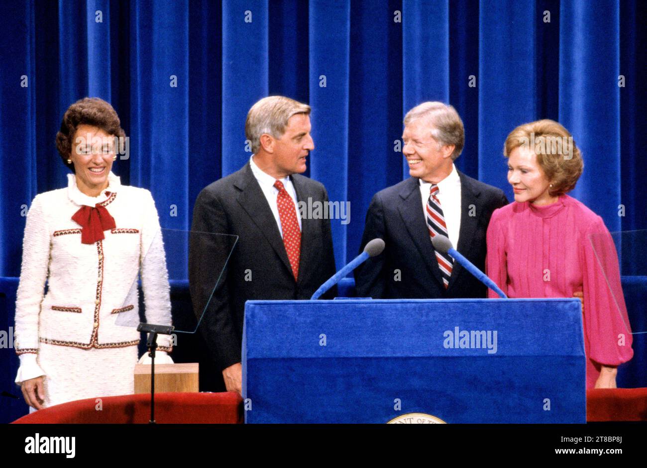 **FILE PHOTO** Rosalynn Carter Has Passed Away. United States President Jimmy Carter, center right, and US Vice President Walter Mondale, center left, and their wives, first lady Rosalynn Carter, right, and Joan Mondale, left, on the podium after delivering their acceptance speeches at the 1980 Democratic National Convention in Madison Square Garden in New York, New York on August 13, 1980. Credit: Arnie Sachs/CNP /MediaPunch Stock Photo