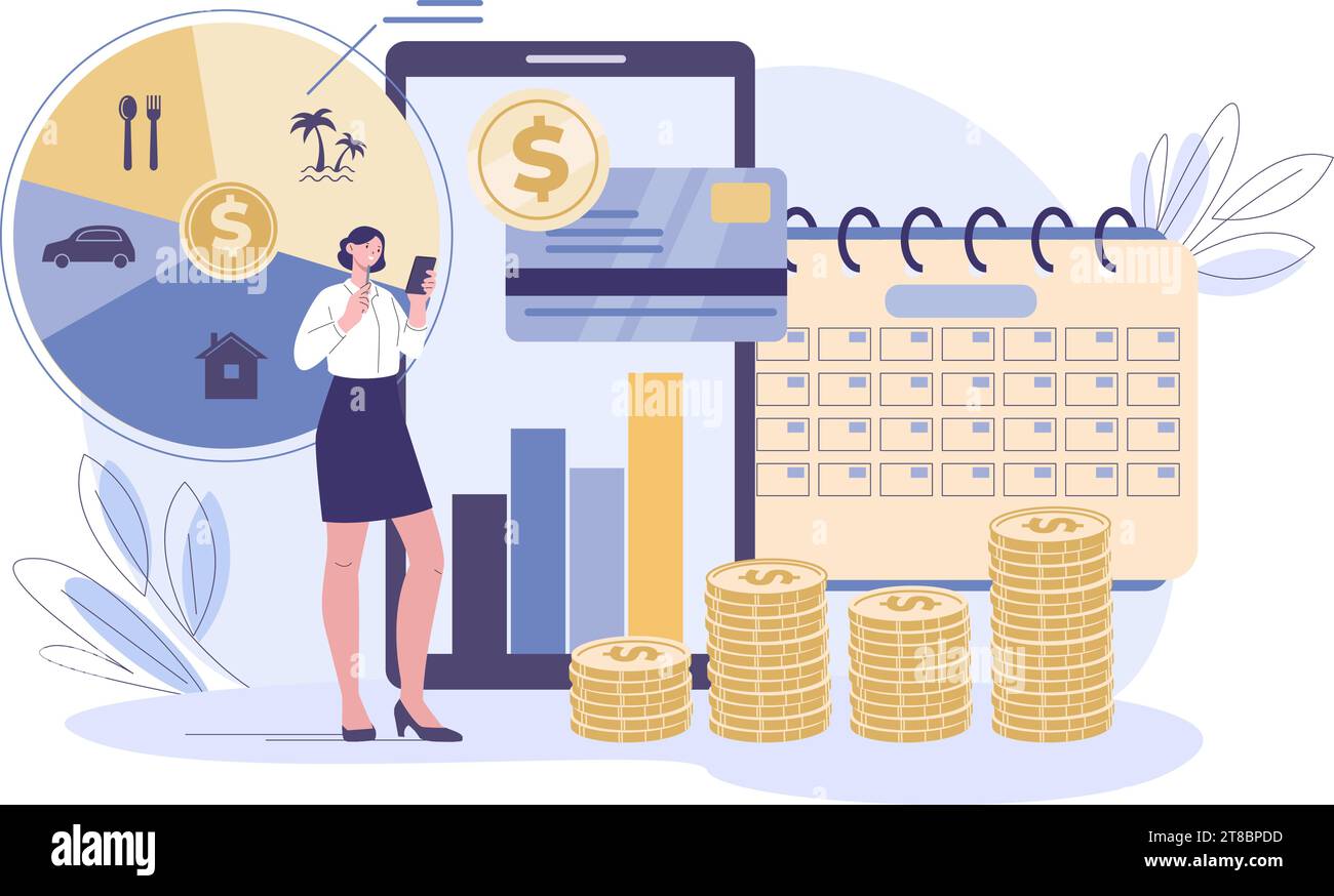Personal budget planning. Female analysis finance, expenses and income. Girl save and invest money, thinking about life kicky vector concept Stock Vector
