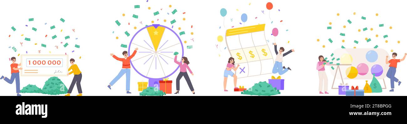 Lottery winners scenes. Happy lucky people with fortune wheel, happy ticket and money prize. Gambling games win, victory snugly vector concept Stock Vector