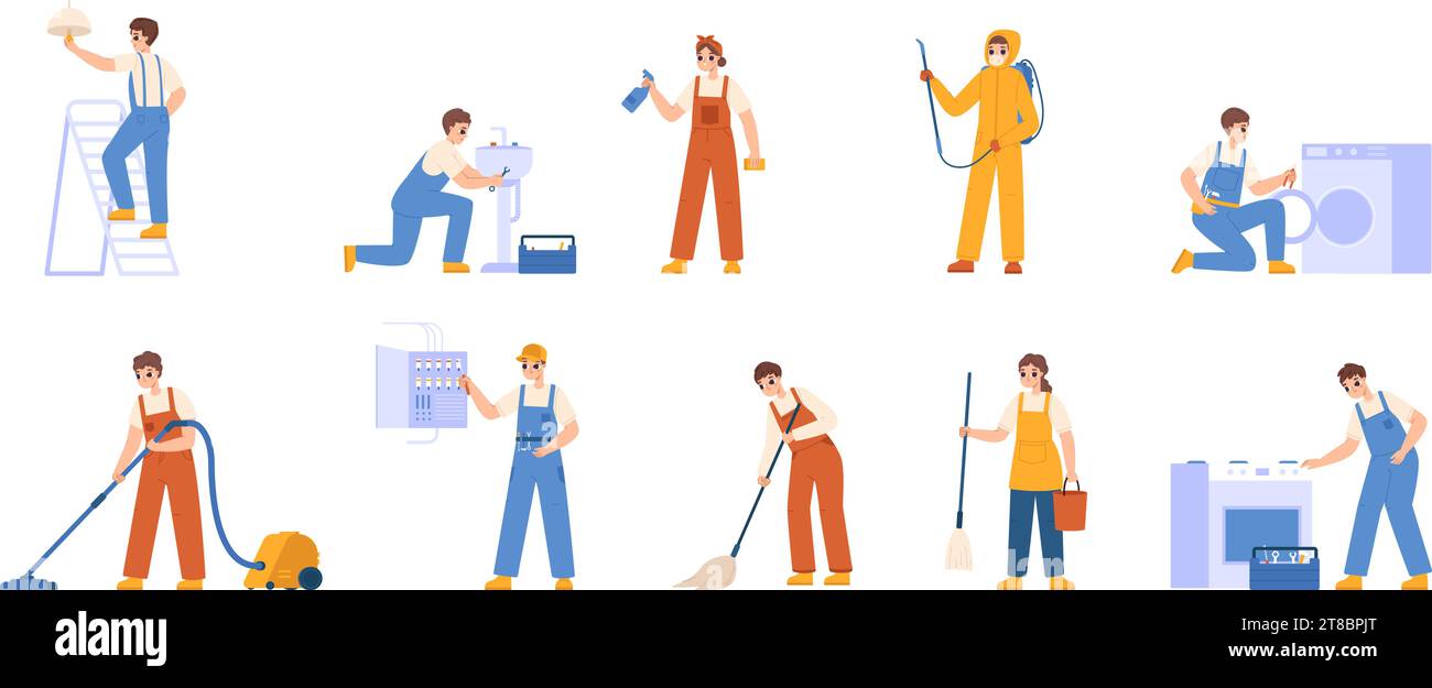 Cartoon repairman characters. Electrician, plumber and disinfector, cleaning service staff workers. Female male characters snugly vector set Stock Vector