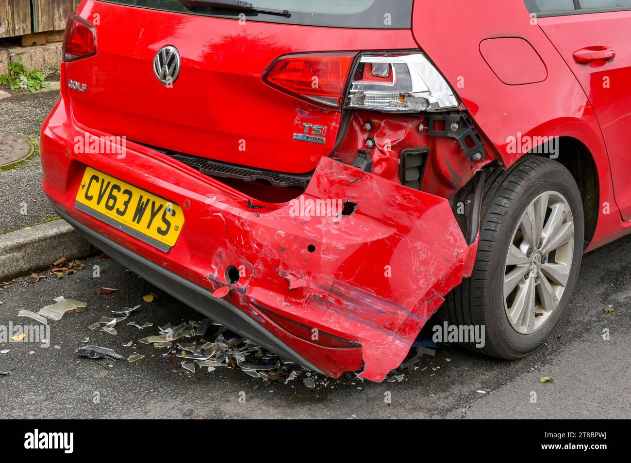 Pontypridd, Wales 28 October 2023 Rear of a VW Golf car damaged in a