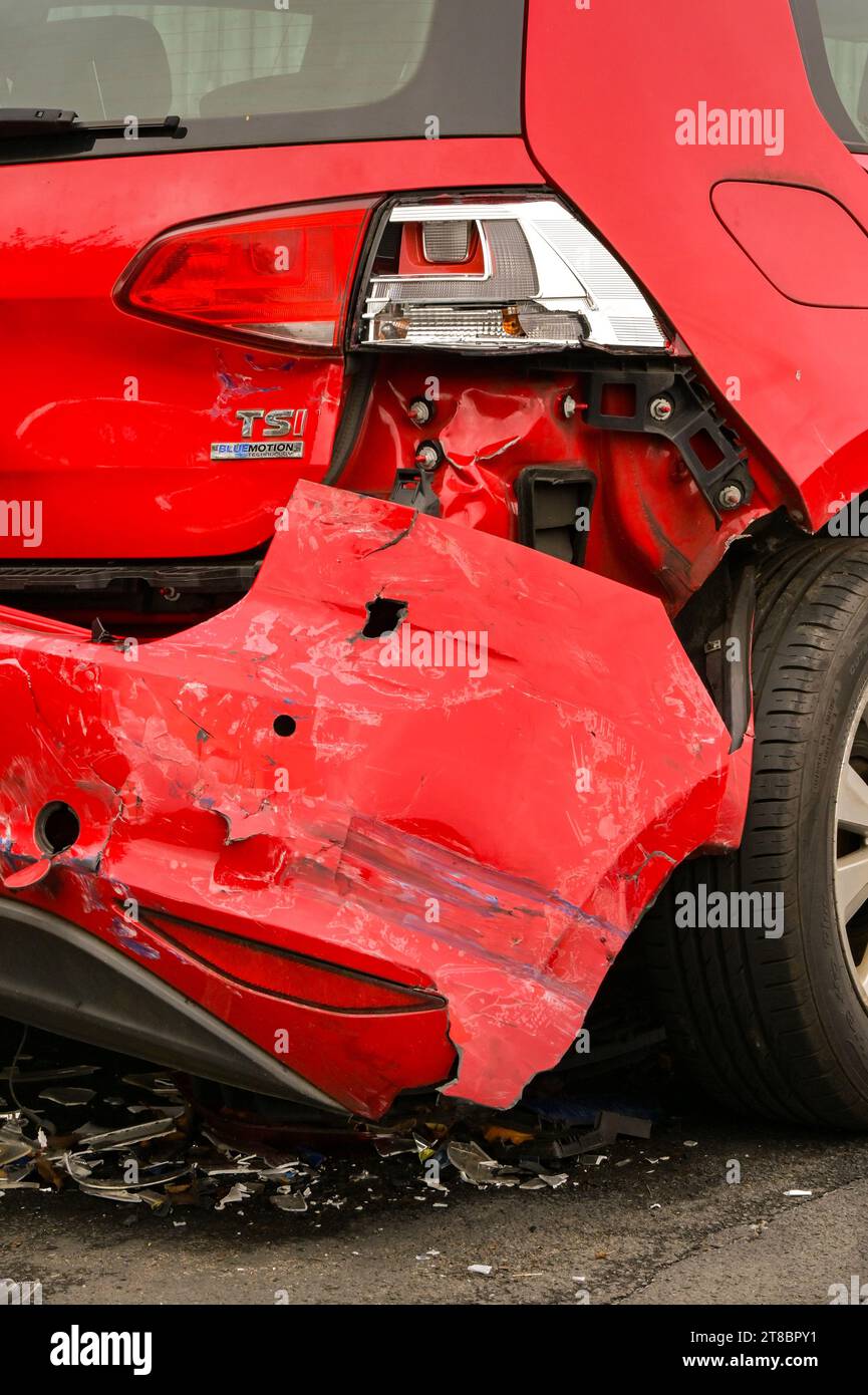 Pontypridd, Wales 28 October 2023 Rear of a VW Golf car damaged in a