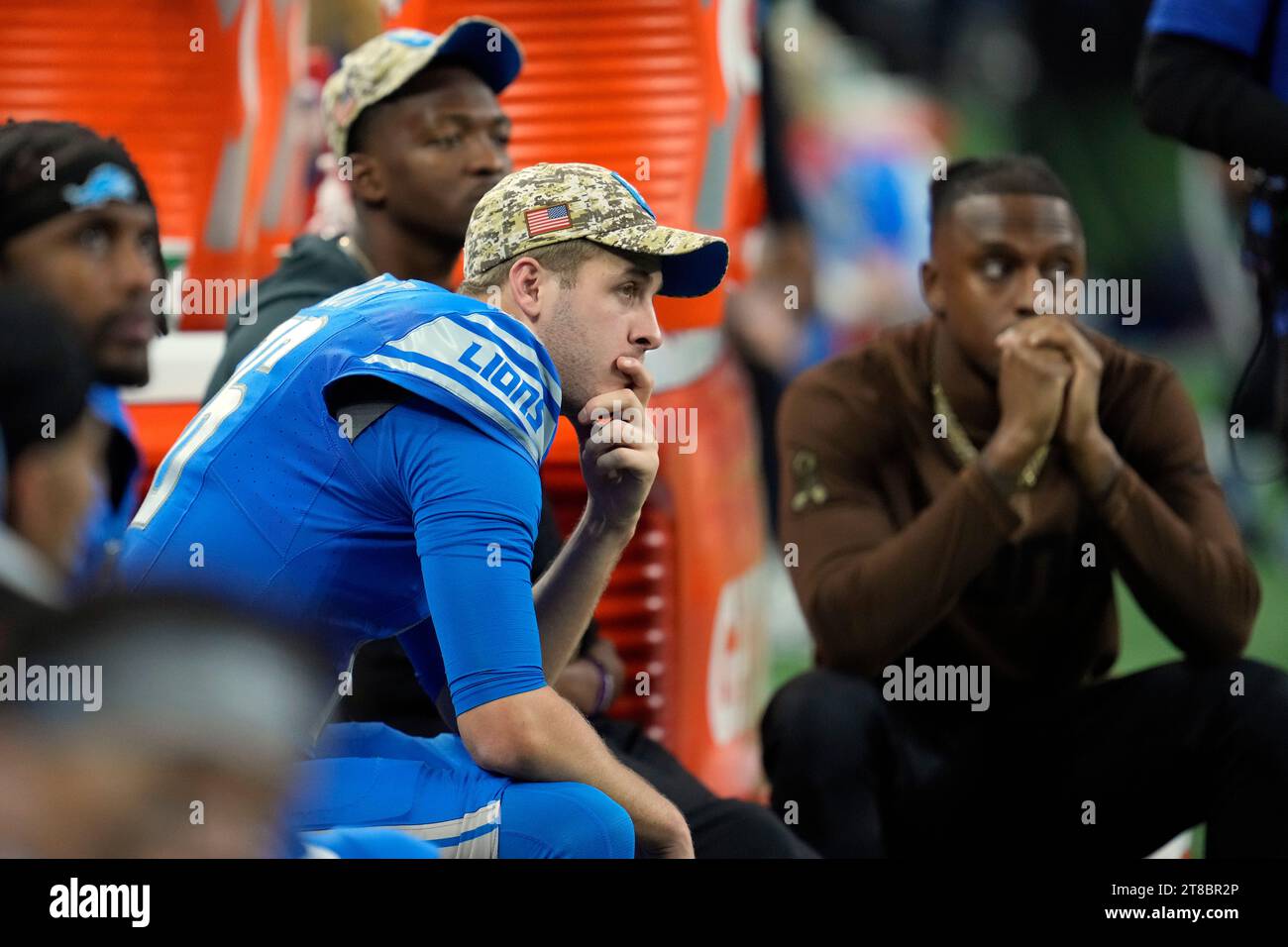 Detroit Lions quarterback Jared Goff sits on the bench during the second half of an NFL football game against the Chicago Bears, Sunday, Nov. 19, 2023, in Detroit. (AP Photo/Paul Sancya Stock