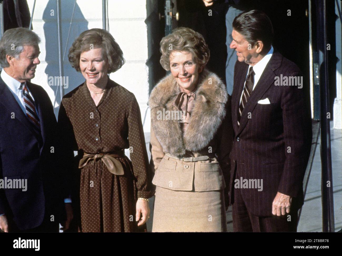 **FILE PHOTO** Rosalynn Carter Has Passed Away. United States President Jimmy Carter, left, poses for a group photo with US President-elect Ronald Reagan, right, and their wives, former first lady Rosalynn Carter, left center and Nancy Reagan, right center, on the South Portico of the White House in Washington, DC on Thursday, November 20, 1980. Copyright: xArniexSachsx/xCNPx/MediaPunchx Credit: Imago/Alamy Live News Stock Photo