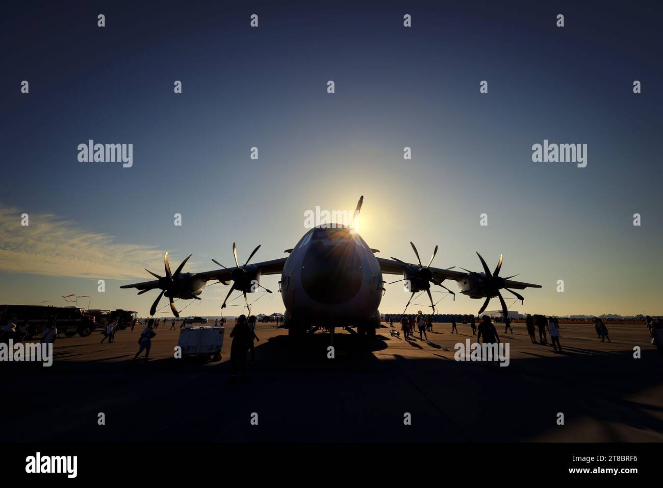 An A400 Atlas of the Royal Air Force (RAF) sits on the evening tarmac at America's Airshow 2023 in Miramar, California. Stock Photo