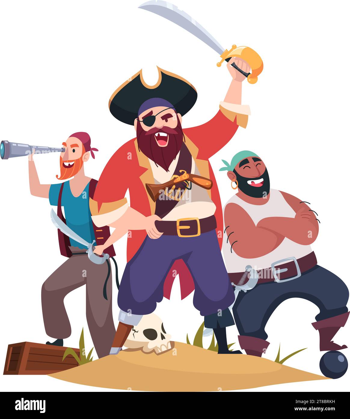 Pirates. Group of aggressive pirate corsair sailors with weapons standing in action poses. Vector template Stock Vector