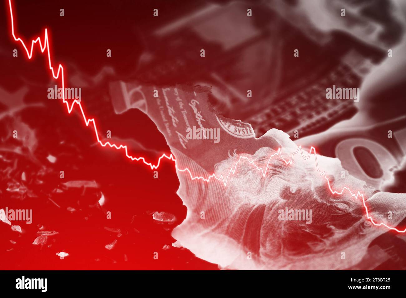 USD bills with overlayed falling sparkline chart. Concept of economic ...