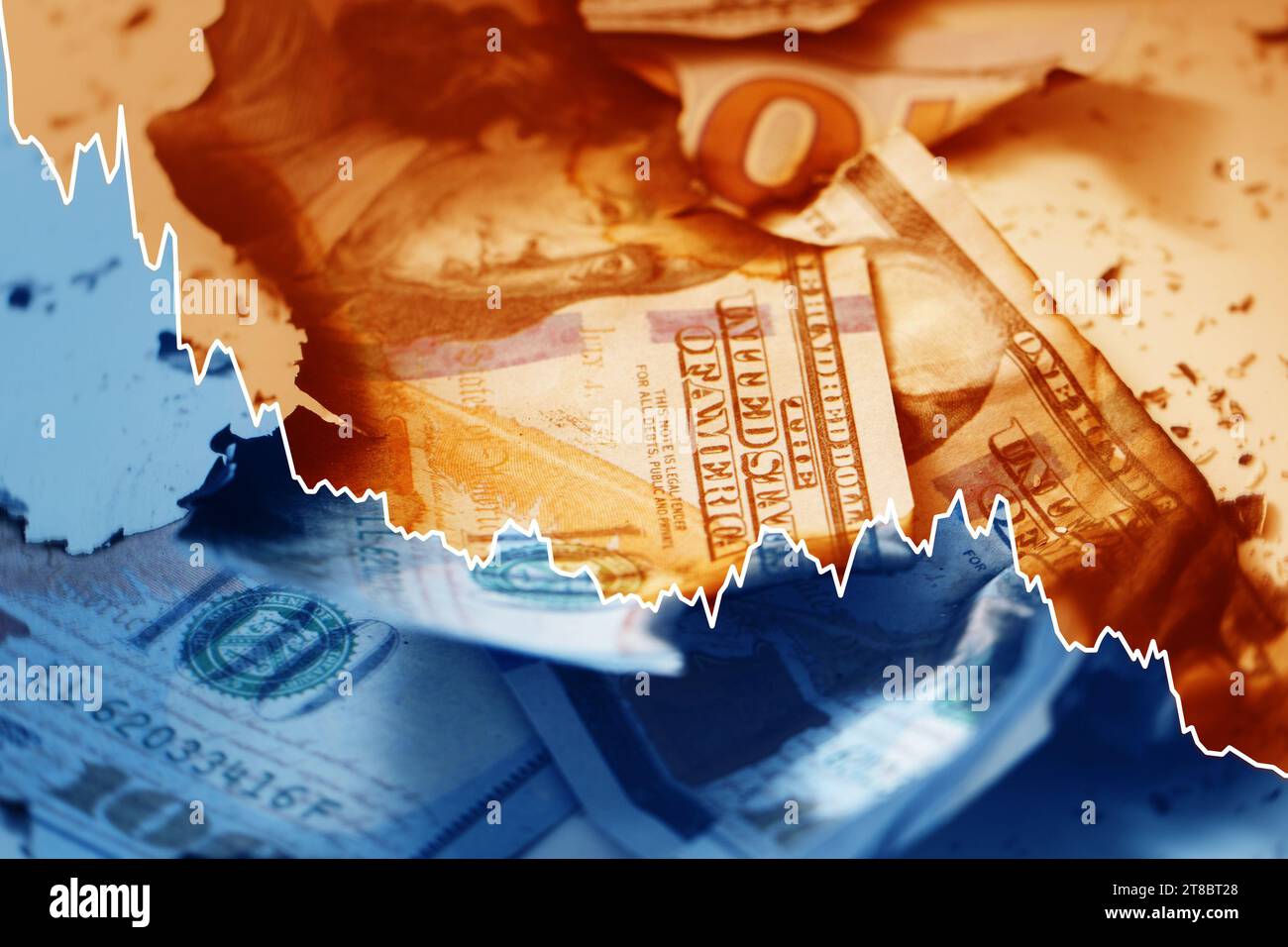 USD bills with overlayed falling sparkline chart. Concept of economic