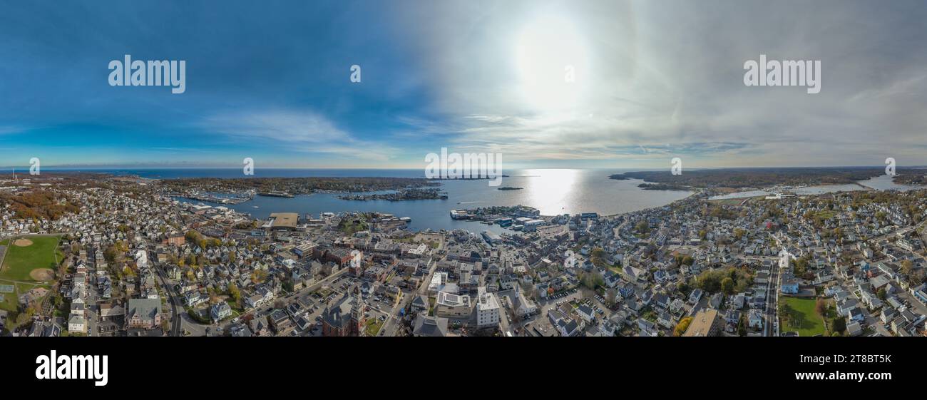 Fall 2023 panoramic aerial image in Gloucester, Massachusetts, MA, USA. Stock Photo