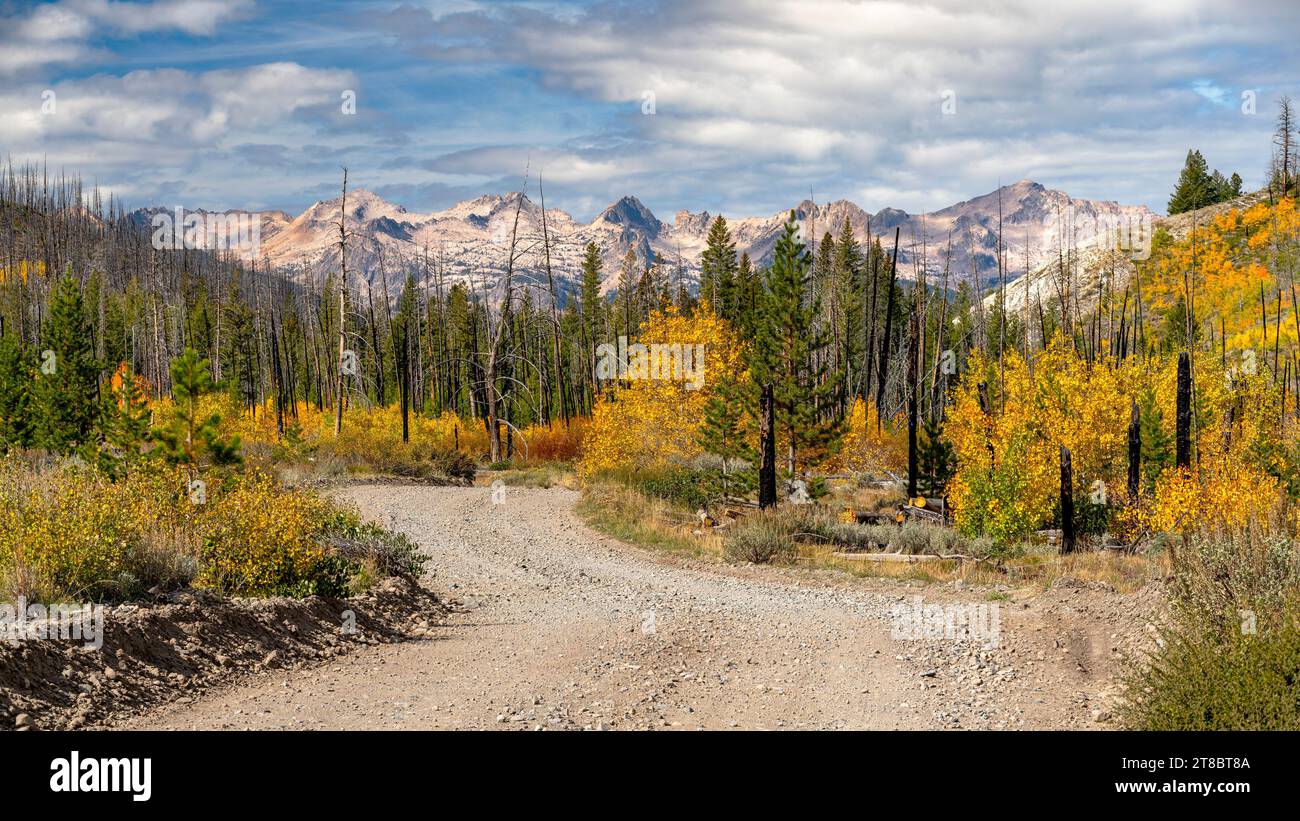 Gravel road leads towards the distant mountains Stock Photo