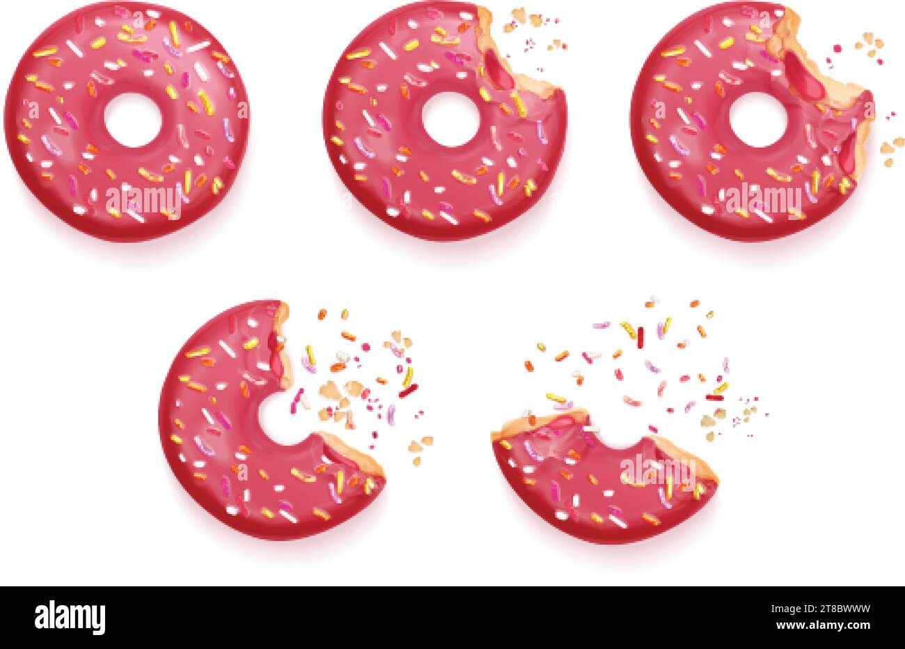 Bitten donuts. Realistic eaten donut, delicious biscuit with hole for