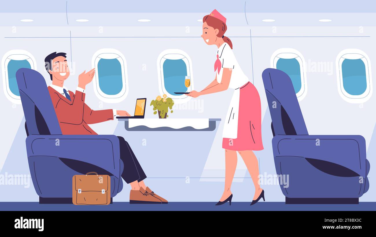 Airplane first class. Businessman onboard person business jet, passenger in  comfort chair inside plane cabin luxury interior with stewardess, travel  trip classy vector illustration Stock Vector Image & Art - Alamy