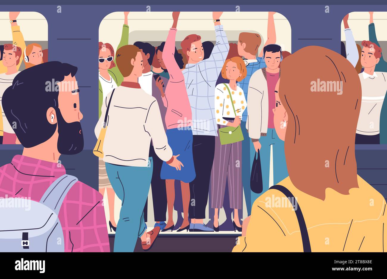Crowded subway train. Commuters inside busy subway in rush hour, people behind window door overcrowded metro train or railway full tram public transport, classy vector illustration of busy metro Stock Vector