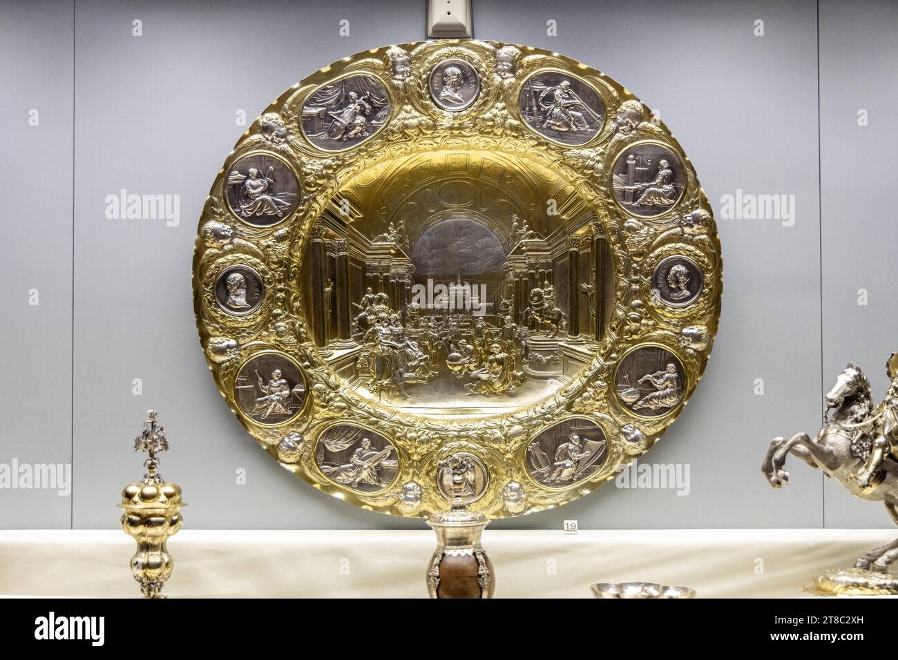 Gilded silver dish from 1674 by Hans Jacob Mair, Art & History Museum, Brussels, Belgium Stock Photo