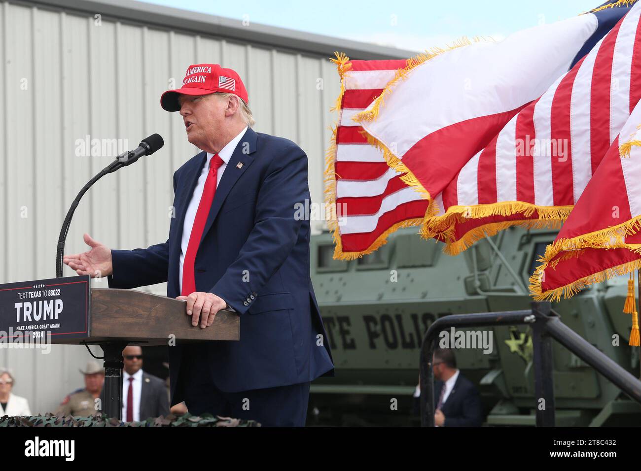 Edinburg, Texas USA, November 19 2023:. Former President DONALD TRUMP, a candidate for the Republican presidential nomination, on the stage speaking to supporters during a campaign stop at South Texas International Airport. Pool photo by Delcia Lopez Stock Photo