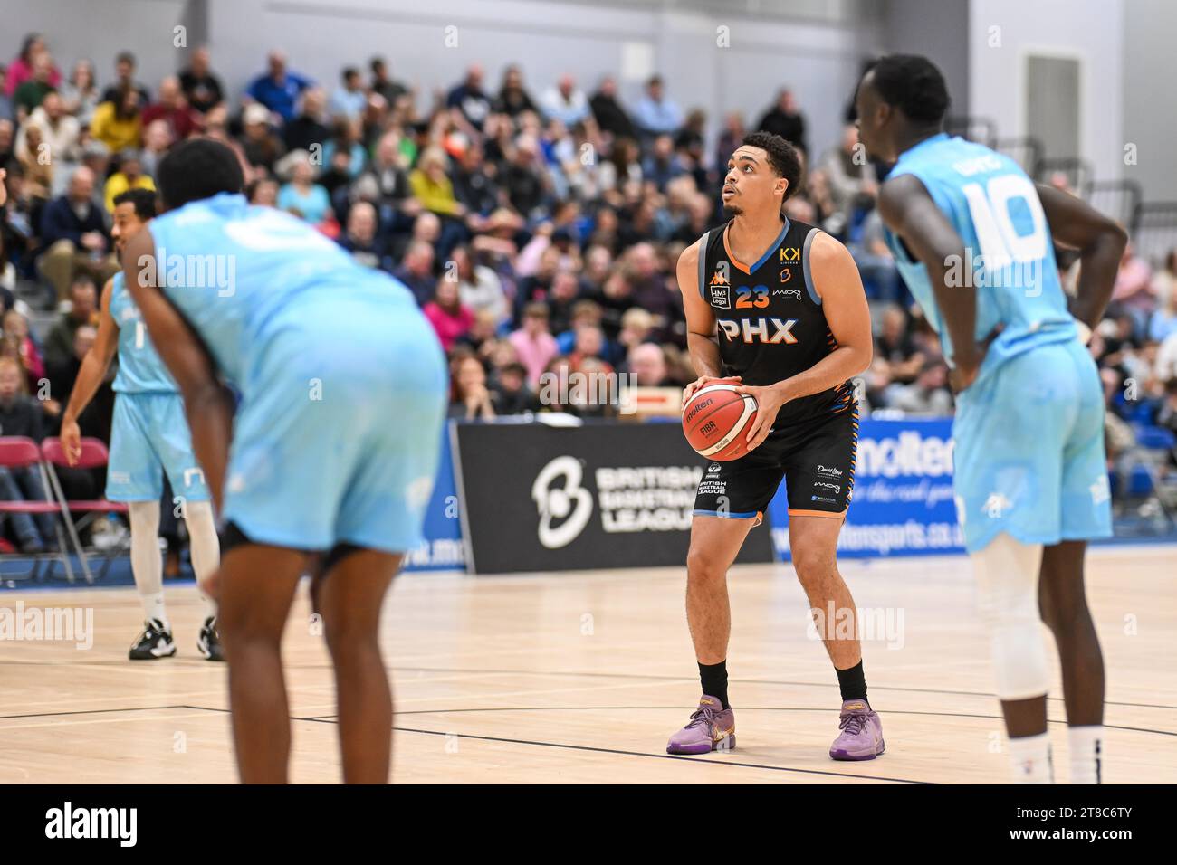 Ethan Chargois of Cheshire Phoenix shoots from the free throw line during the British Basketball Championship match Cheshire Phoenix vs Surrey Scorchers at Ellesmere Port Sports Village, Ellesmere Port, United Kingdom, 19th November 2023 (Photo by Craig Thomas/News Images) Stock Photo