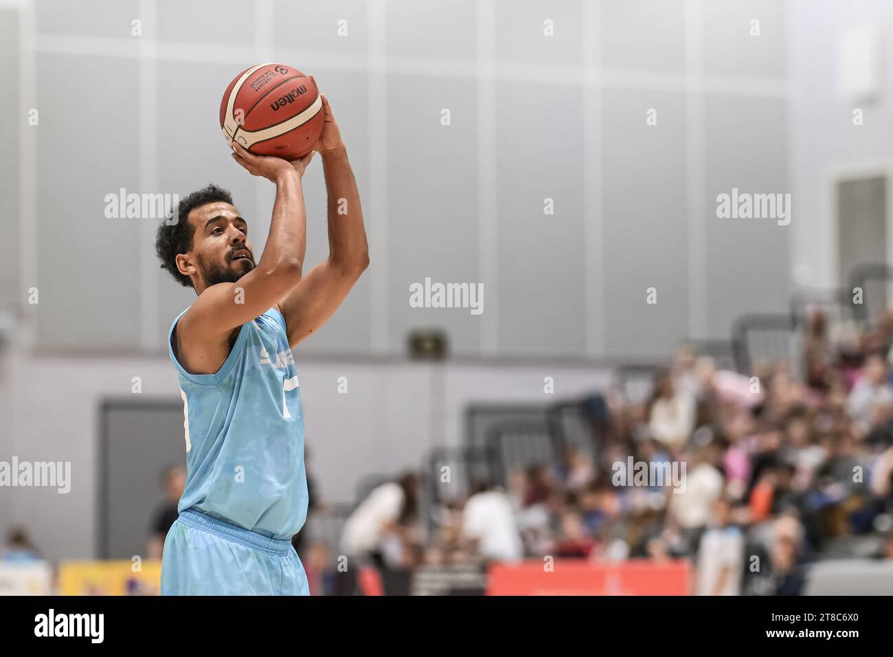 Justin Robinson of Surrey Scorchers at the free throw line during the British Basketball Championship match Cheshire Phoenix vs Surrey Scorchers at Ellesmere Port Sports Village, Ellesmere Port, United Kingdom, 19th November 2023   (Photo by Craig Thomas/News Images) Stock Photo