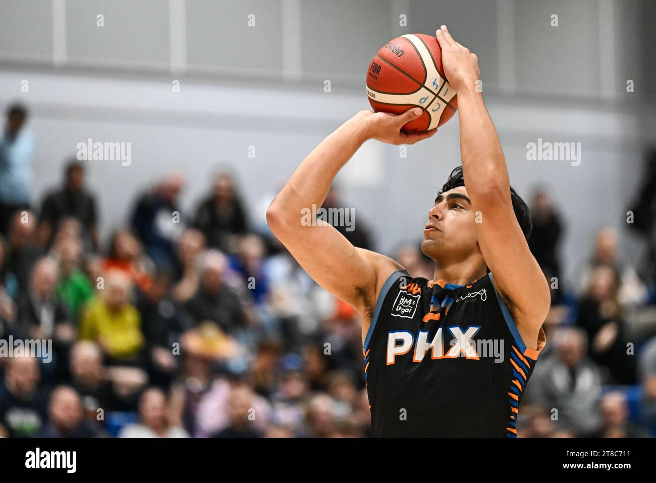 Aaryn Rai of Cheshire Phoenix shoots from the free throw line during the British Basketball Championship match Cheshire Phoenix vs Surrey Scorchers at Ellesmere Port Sports Village, Ellesmere Port, United Kingdom, 19th November 2023 (Photo by Craig Thomas/News Images) Stock Photo