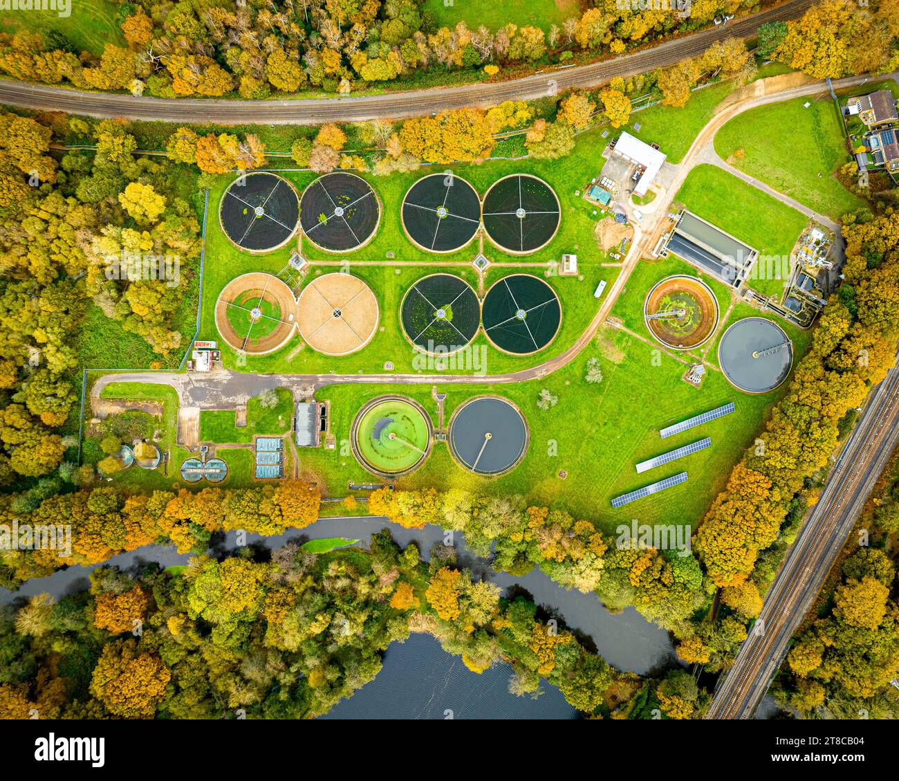 Aerial view of waste water purification sewage treatment plant in