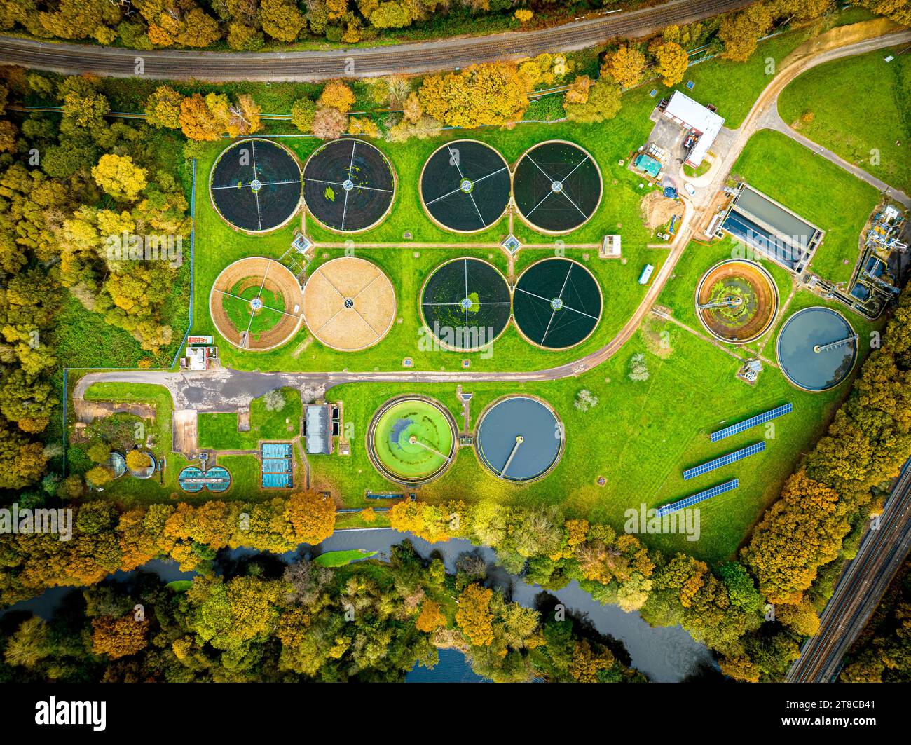 Aerial view of waste water purification sewage treatment plant in