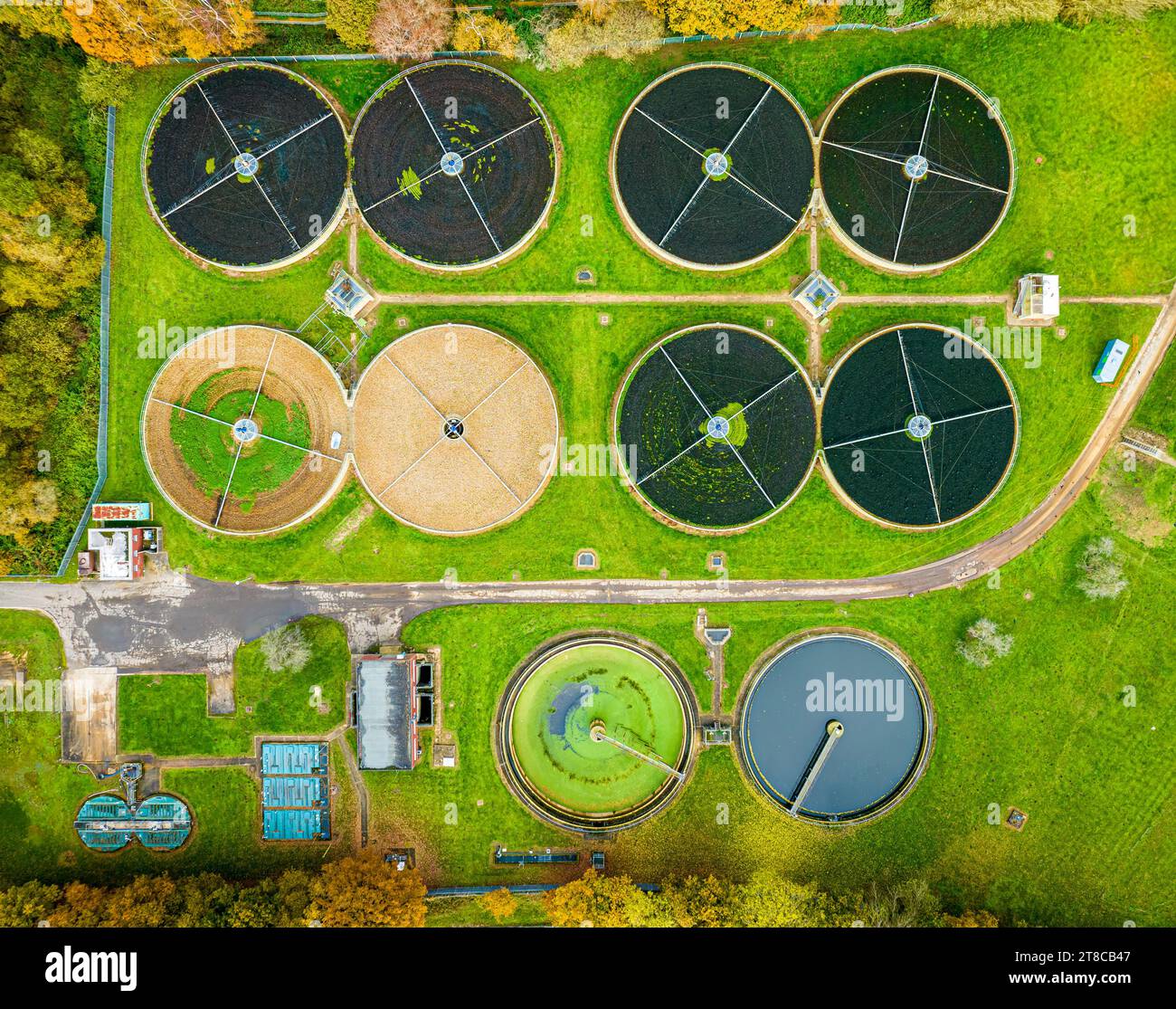 Aerial view of waste water purification sewage treatment plant in