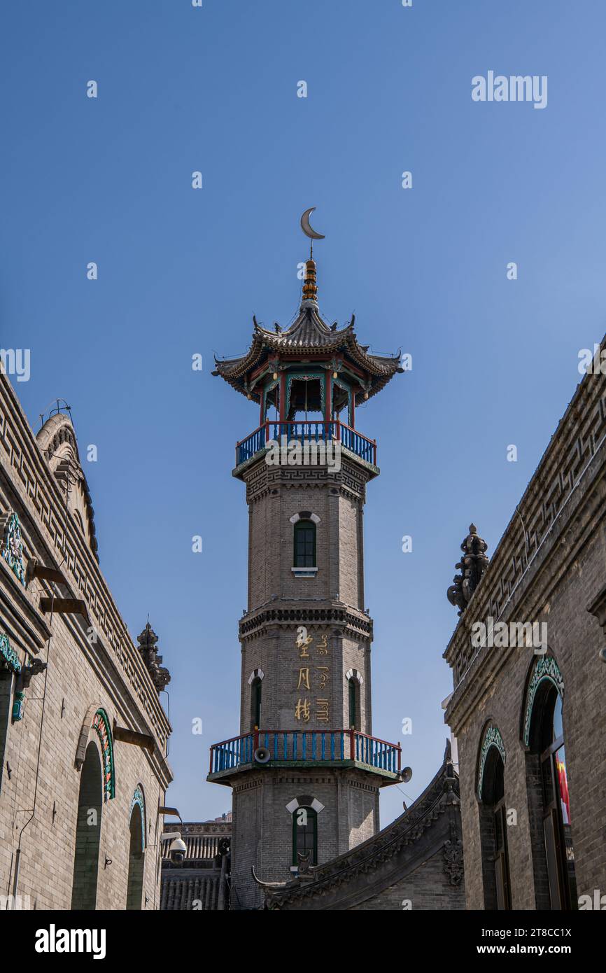 The street around the Great Mosque of Hohhot (a mosque in Huimin District), Hohhot, Inner Mongolia, China. Capture translation from Chinese: The Great Stock Photo