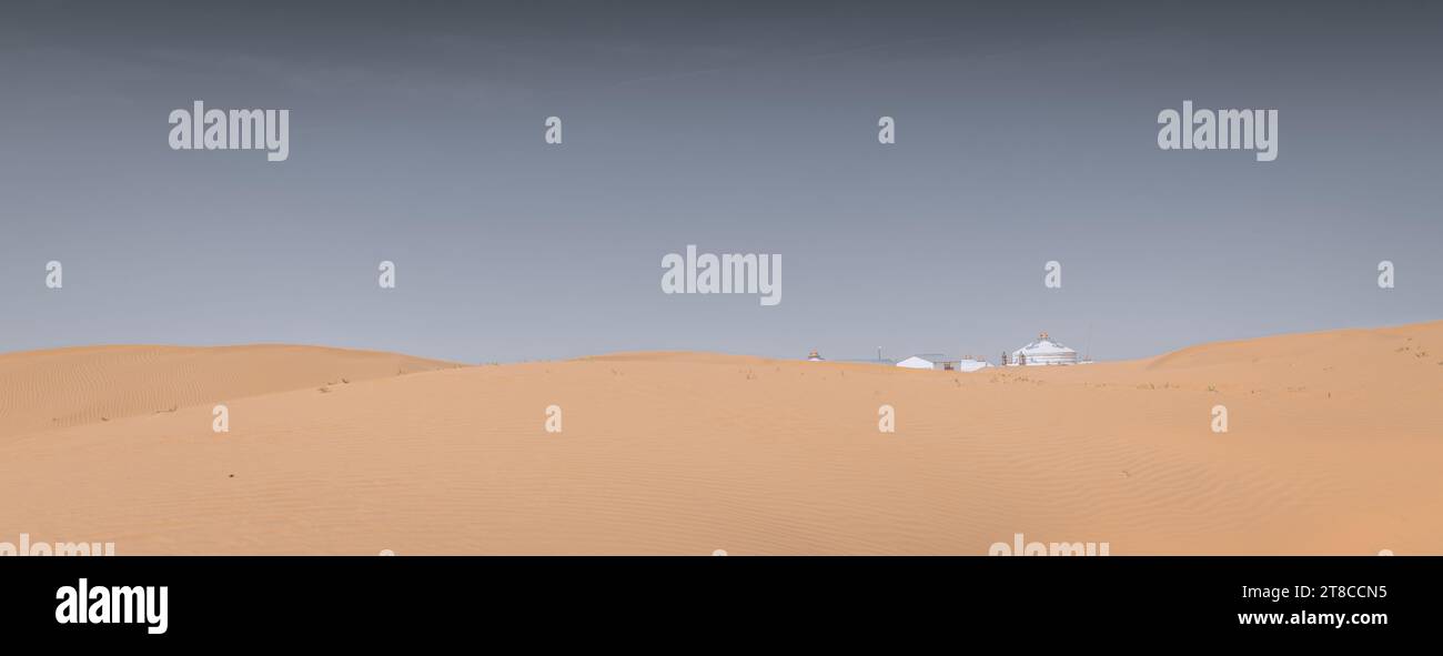 Panorama of the traditional Mongolian yurts in the desert of Inner Mongolia, China. Copy space for text, background Stock Photo