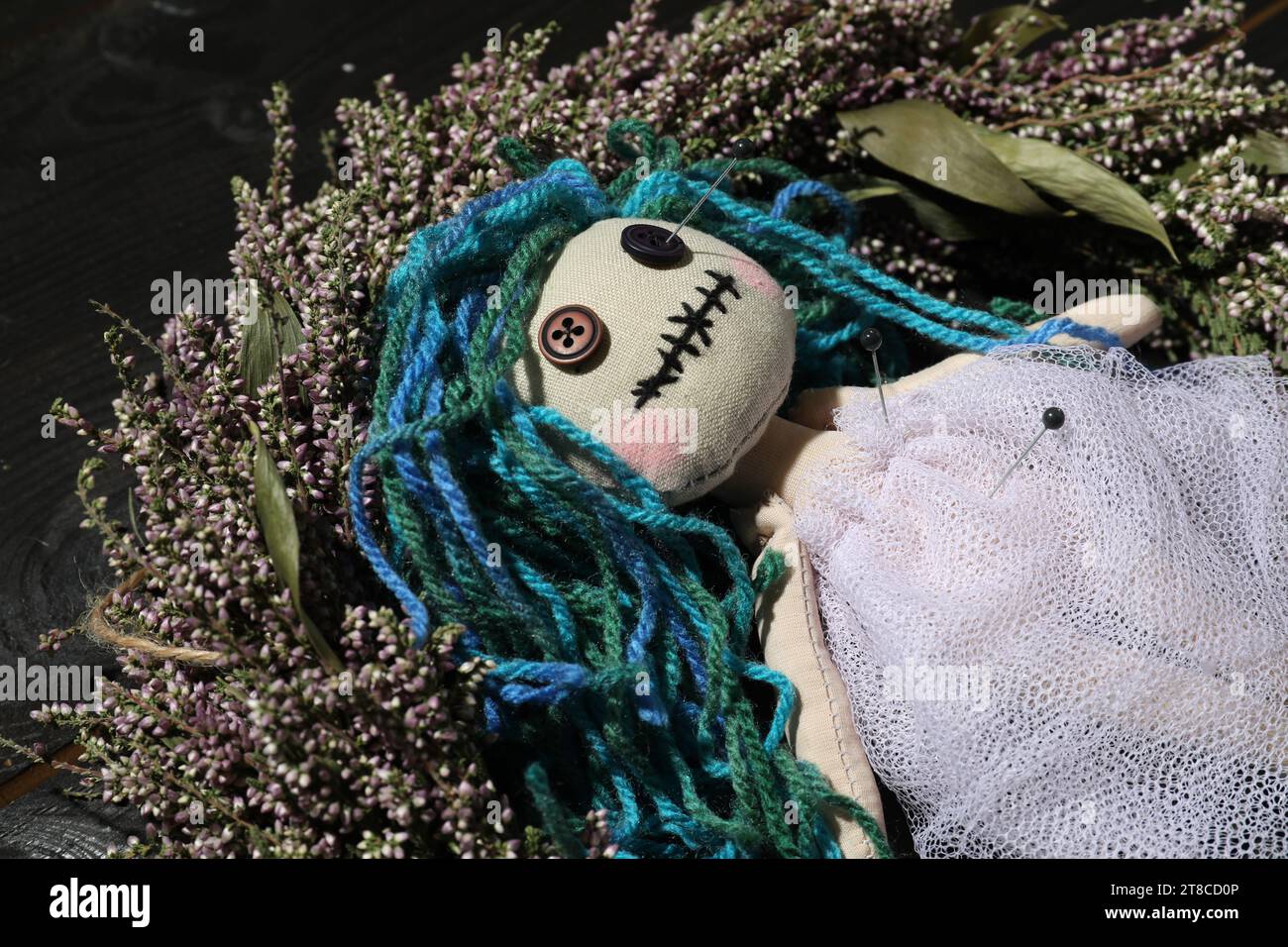 Female voodoo doll with pins on wreath, closeup Stock Photo - Alamy