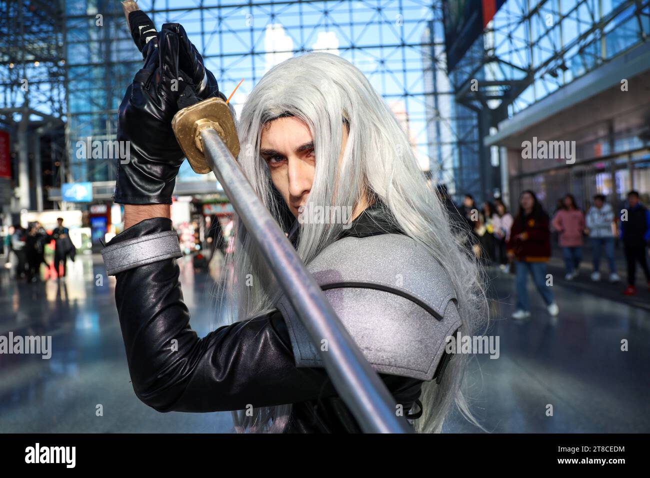 Cosplayer Dean from Philadelphia is dressed as Sephiroth from Final Fantasy for the 2023 Anime NYC at the Jacob Javits Center on October 19, 2023 in New York City. (Photo: Gordon Donovan) Stock Photo