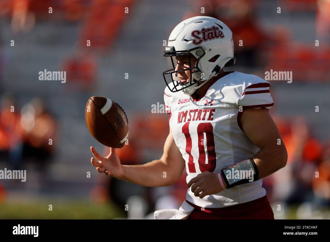 New Mexico State quarterback Diego Pavia warms up before an NCAA
