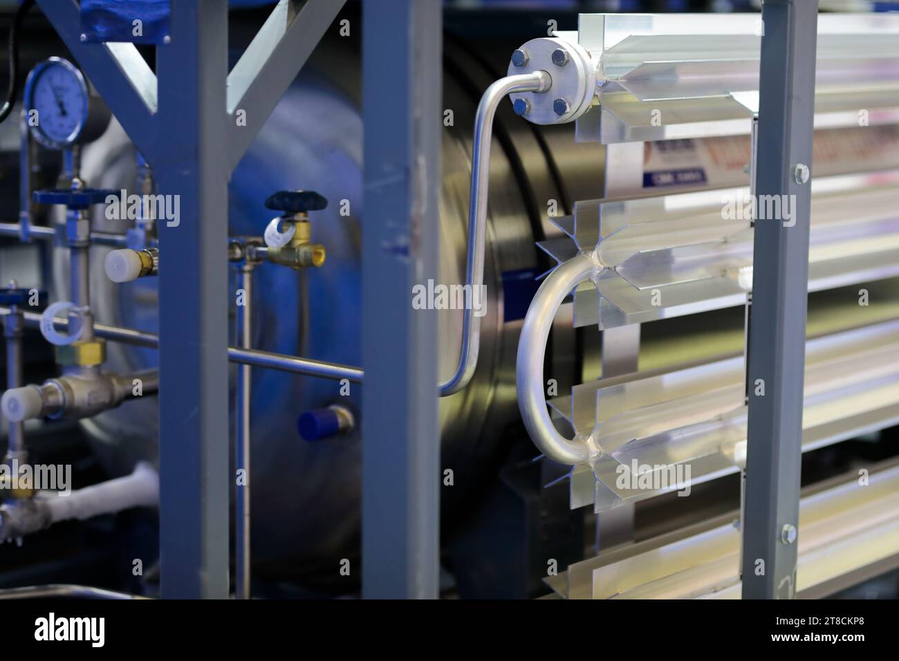 Industrial compressed gas equipment. Liquid gas storage tank. Selective focus. Stock Photo