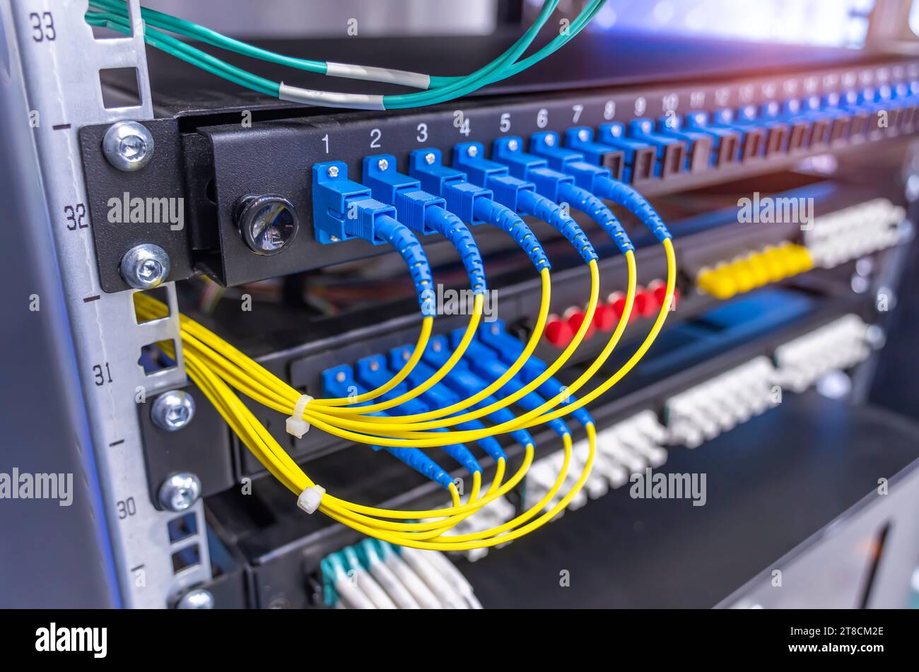 Fiber Optic cables connected to an optic ports Stock Photo