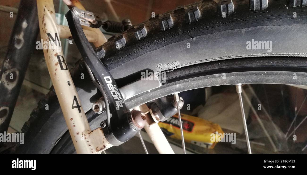 Close up Shimano mountain bike v-brake Stock Photo