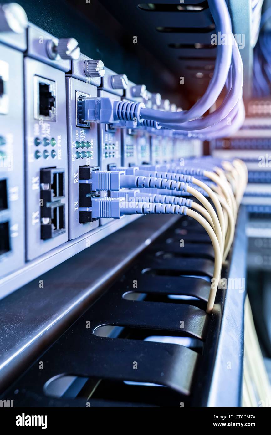 Fiber Optical cables connected to an optic ports and Network cables connected to ethernet ports Stock Photo