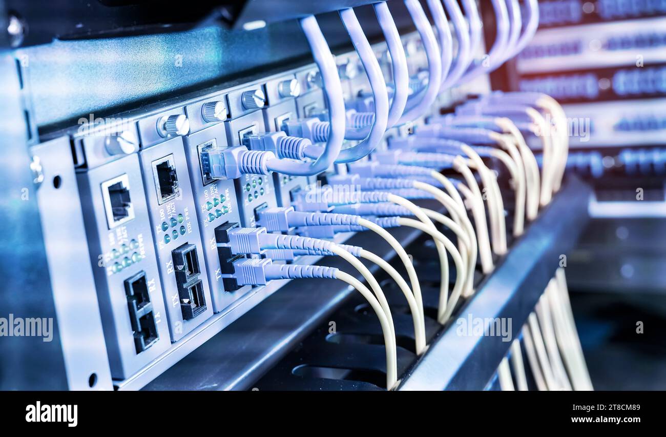 Fiber Optical cables connected to an optic ports and Network cables connected to ethernet ports Stock Photo