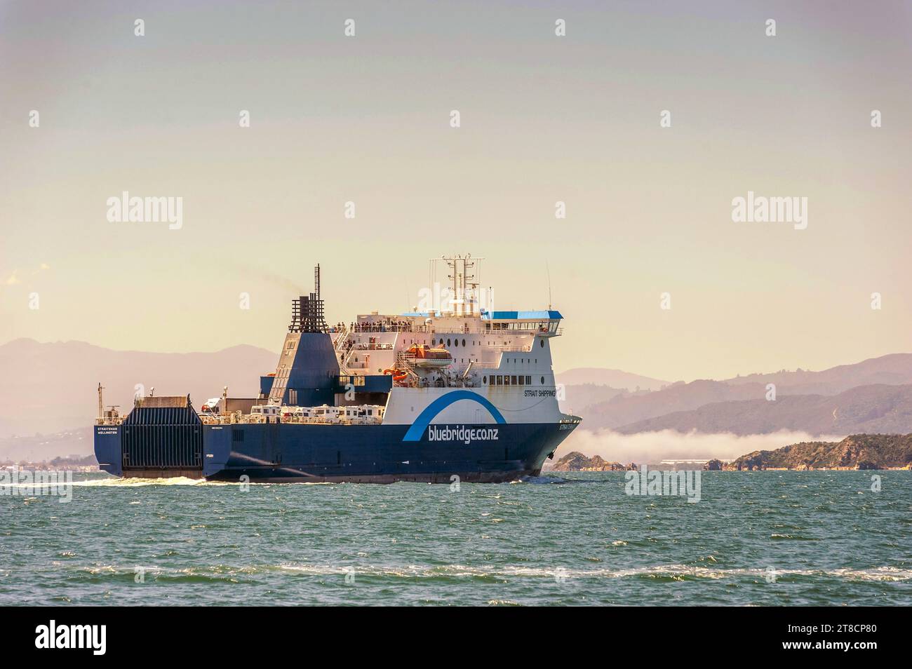 Bluebridge line Cook Strait ferry departs Wellington New Zealand on route to Picton Stock Photo